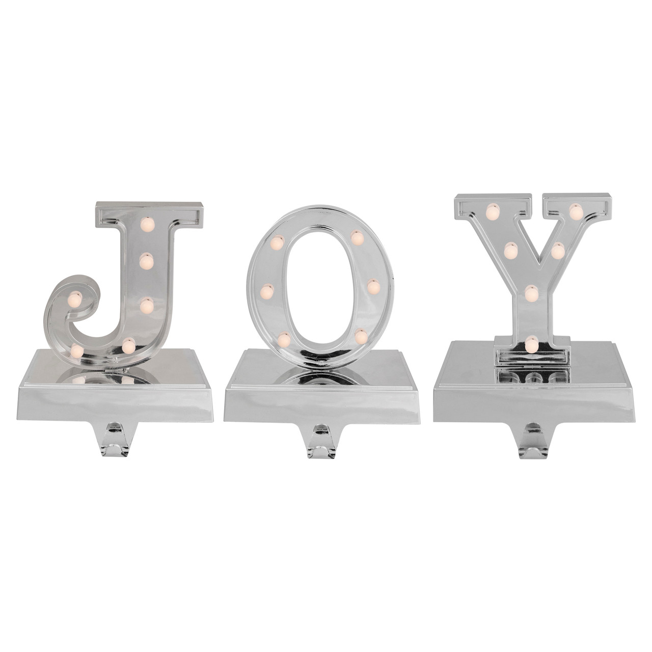 LED Lighted "JOY" Christmas Stocking Holder - 6.5" - Silver Finish - Set of 3