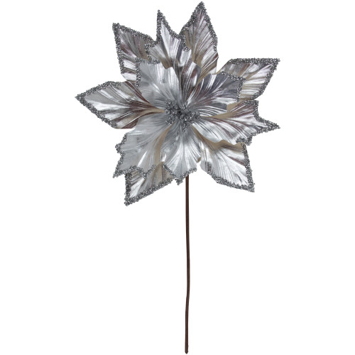 24" Metallic Silver Poinsettia Christmas Stem Spray