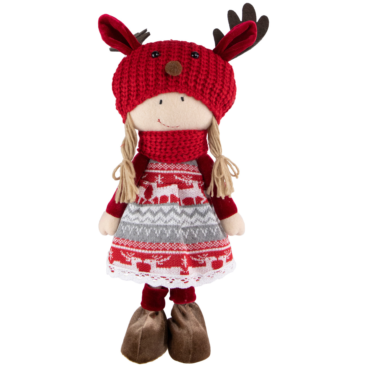 Nordic Girl with Moose Antler Hat Christmas Figure - 17" - Red and White