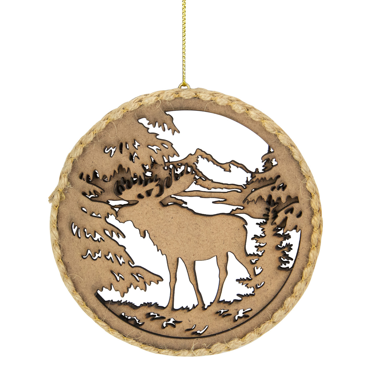 4.25 in Moose with Forest Trees Disk Christmas Ornament, Brown