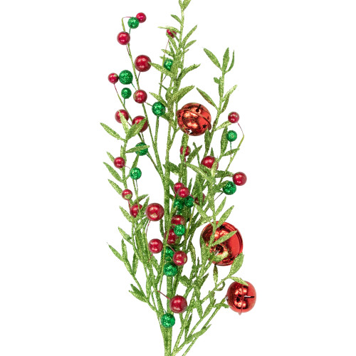 32" Green and Red Jingle Bells and Berry Artificial Glitter Christmas Spray