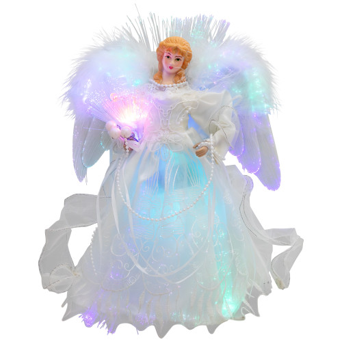 Fiber Optic Color-Changing Angel with Dove Christmas Tree Topper - 12" - White