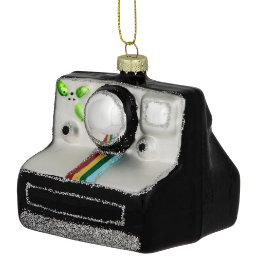 3" Black and Silver Retro Instant Camera Glass Christmas Ornament