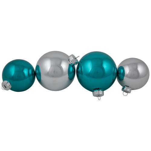 72ct Turquoise Blue and Silver 2-Finish Glass Christmas Ball Ornaments 4" (100mm)