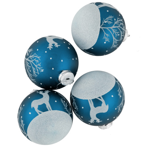 4ct Blue Glass Ball Christmas Ornaments with Glitter Reindeer 3"