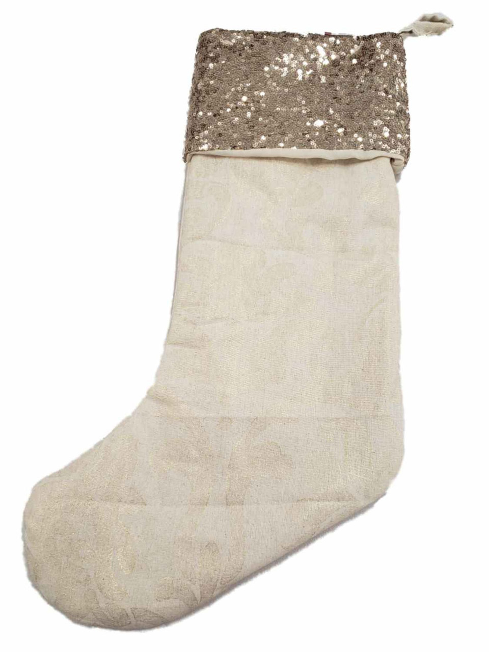 Beige & Gold Metallic Sequin Sparkle Christmas Holiday Gift Present Stocking