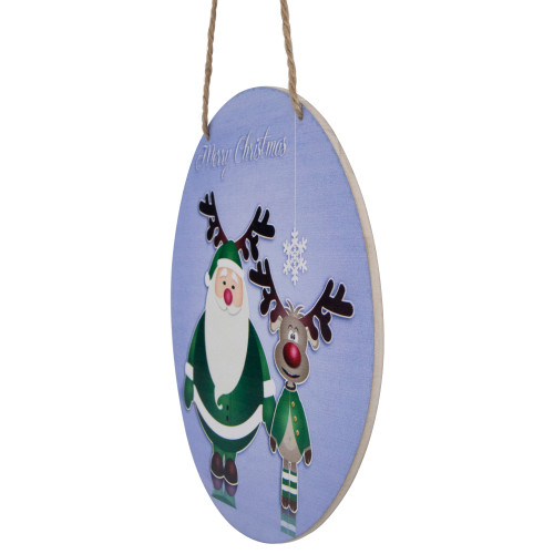 8" Blue and Green Santa and Reindeer "Merry Christmas" Disc Ornament