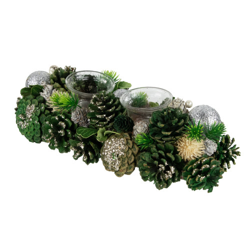 13" Green Pinecone and Silver Glitter Ornaments Christmas Tealight Candle Holder