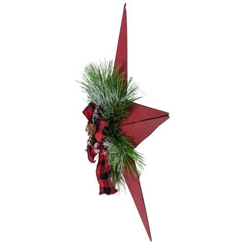17" Red distressed 5 point Christmas Star With Plaid Ribbon with Artificial Pine
