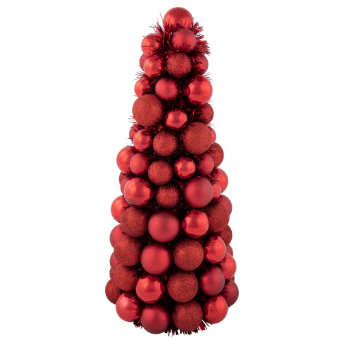 3-Finish Shatterproof Ball Christmas Tree with Tinsel - 15.75" - Red