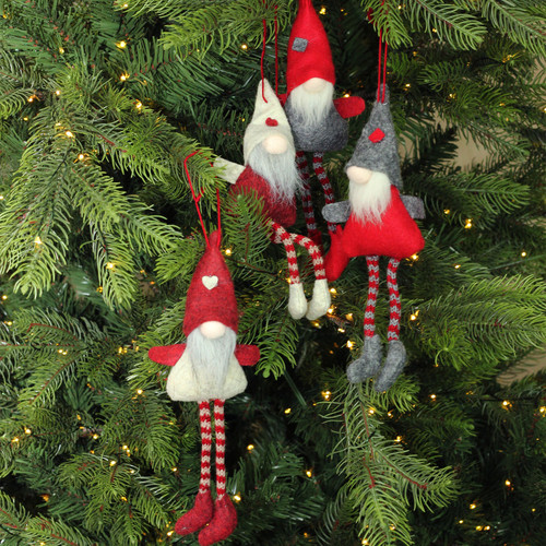 Set of 4 Red and Gray Plush Gnome Christmas Ornaments 9"