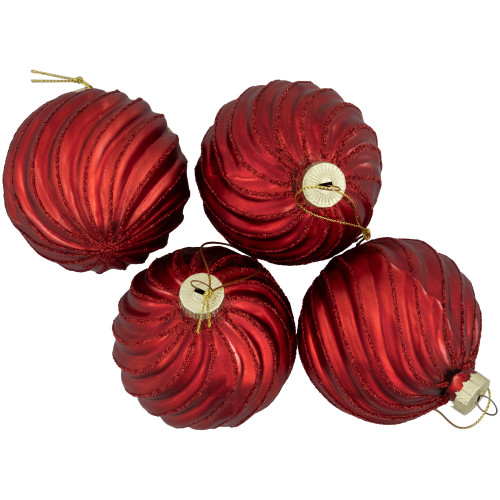 4ct Red Swirls Glittered Christmas Ball Ornaments 3" (80mm)
