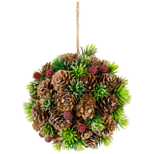 Frosted Pinecones, Berries and Pine Sprigs Christmas Ball Ornament - 5"