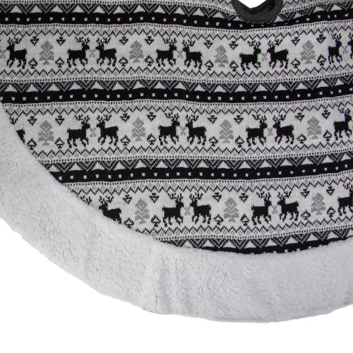 48" Black and White Knitted Reindeer Lodge Round Christmas Tree Skirt