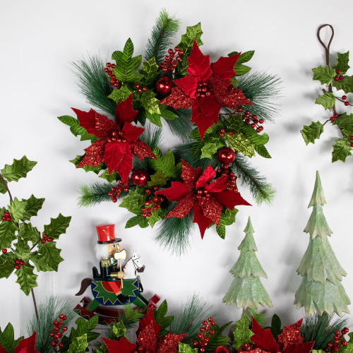 24" Glittered Red Poinsettia and Long Pine Christmas Wreath, Unlit