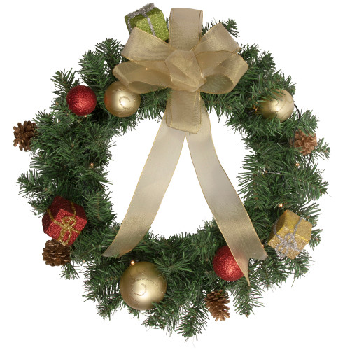 Pre-Lit Battery Operated Pine Cone and Gifts Christmas Wreath - 24" - Warm Clear LED Lights
