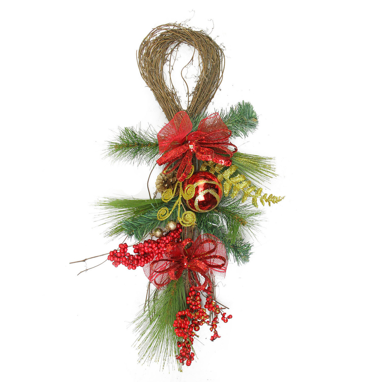 Bows, Berries and Ornaments Mixed Pine Artificial Christmas Teardrop Swag - 26" - Unlit
