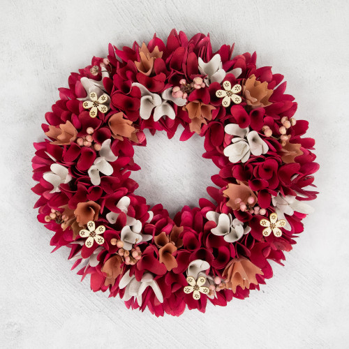 Wooden Floral Spring Wreath with Berries - 13" - Fuchsia Pink and White