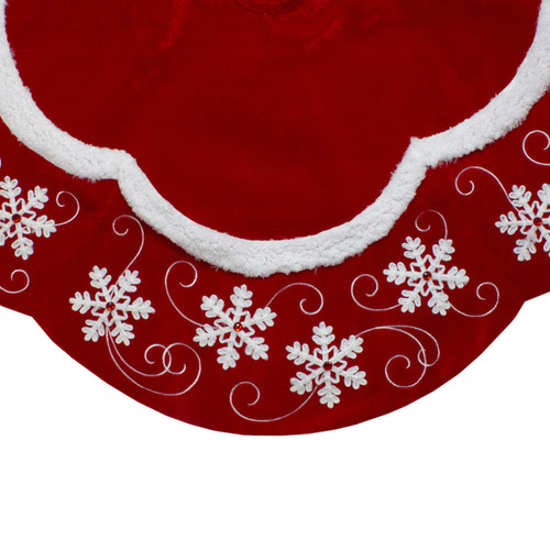 48-Inch Velvet Red and White Snowflake Scallop Christmas Tree Skirt
