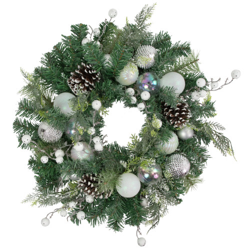 Green Pine Artificial Christmas Wreath with Berries and Iridescent Ornaments, 24-Inch