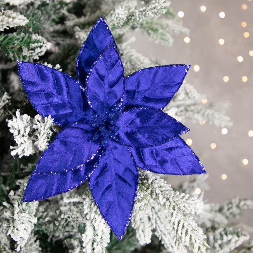 10" Royal Blue Glittered Poinsettia Christmas Floral Pick Clip-On Ornament