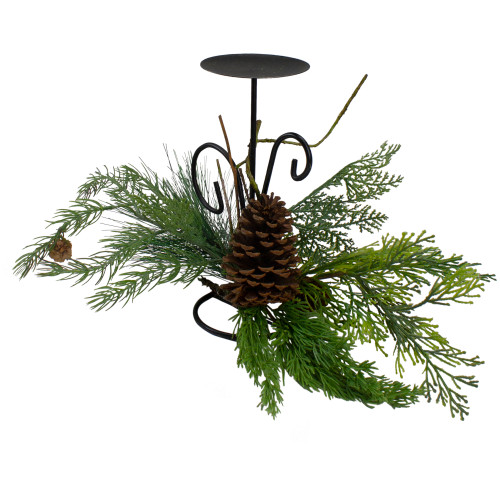 10" Green Artificial Sprigs and Pine Cone Christmas Candle Holder