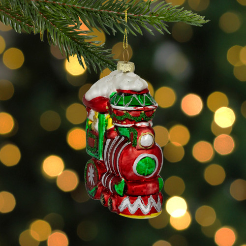 4.5" Red and Green Glittered Train Christmas Glass Hanging Ornament
