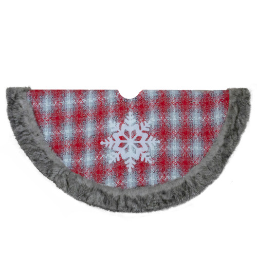 48" Red and White Plaid Christmas Tree Skirt with Snowflake