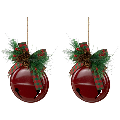 Jingle Bells with Bow and Pinecones Christmas Disc Ornaments - Red - 5" - Set of 2