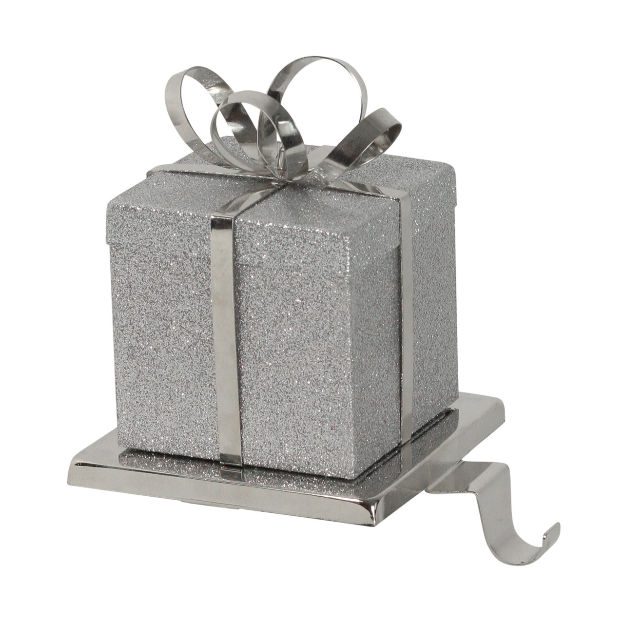 5.5" Silver Glitter Gift Box with Bow Christmas Metal Stocking Holder