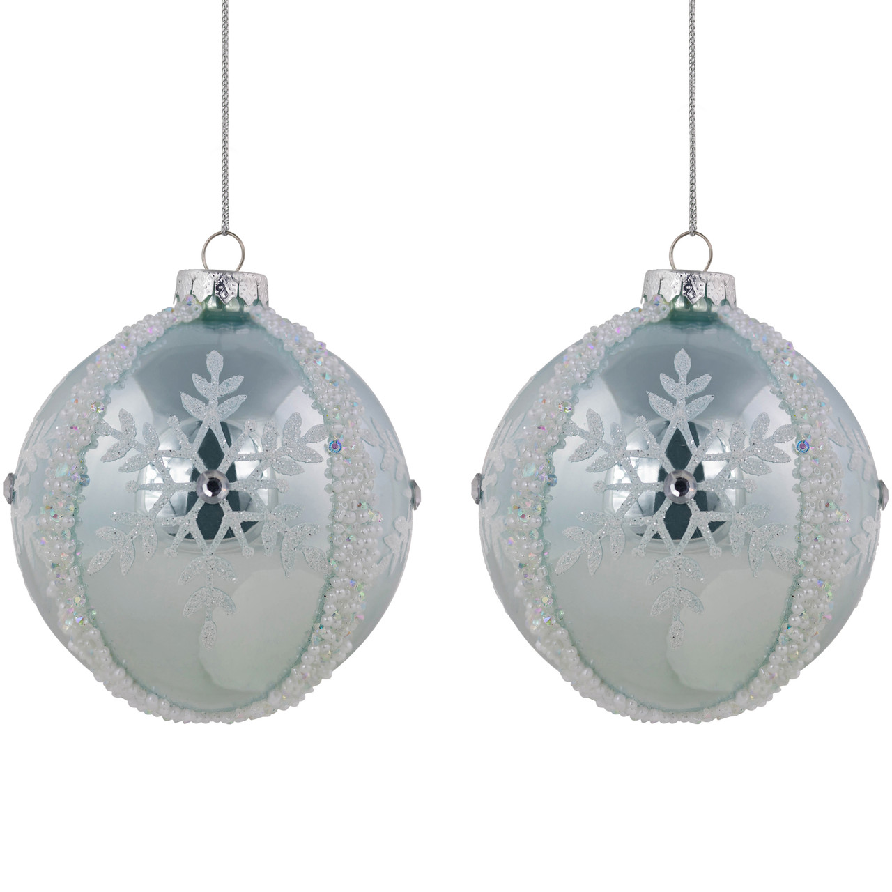 Set of 2 Sky Blue Glittered and Beaded Snowflake Glass Christmas Ball Ornaments 4"