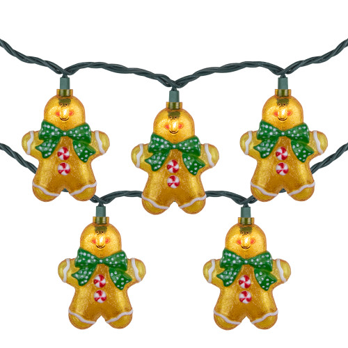 10ct Gingerbread Man Christmas Lights, Clear Lights, Green Wire