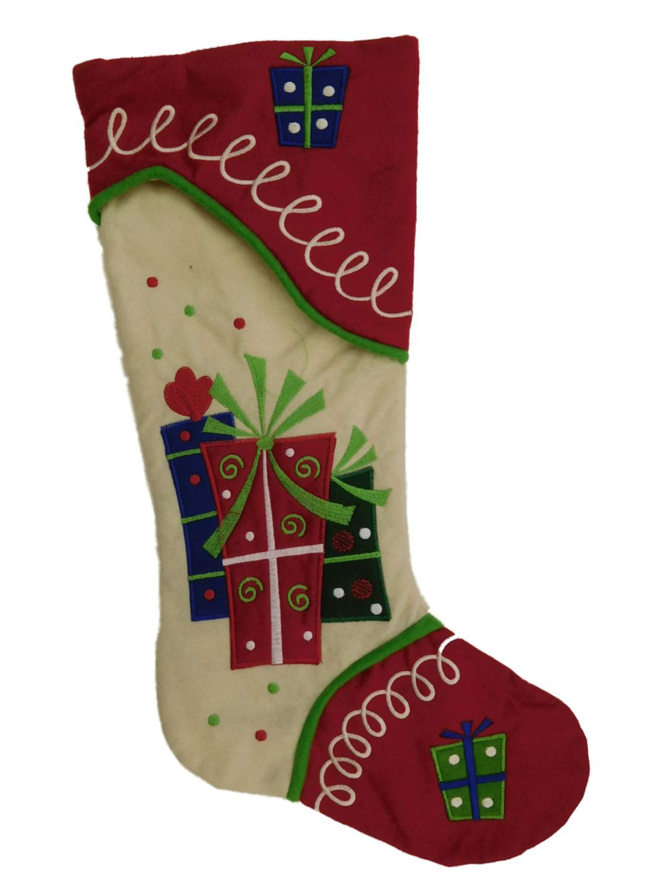 Embellished Ivory & Red Felt Wrapped Gifts Christmas Holiday Stocking
