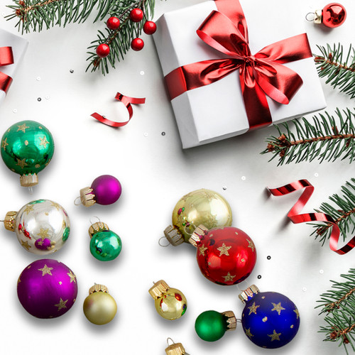 16-Piece Set of Assorted Multi-Color Glass Ball Christmas Ornaments with Tree Topper