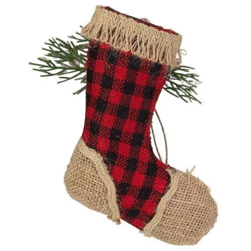 5.75" Red Plaid and Burlap Christmas Stocking Ornament