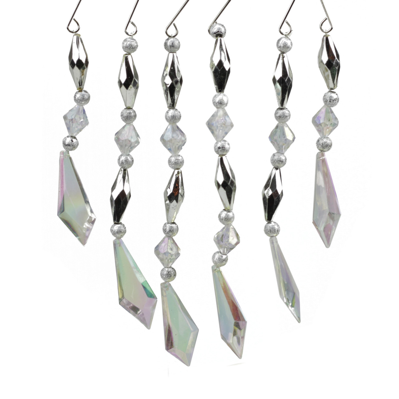 Set of 6 Silver and Clear Diamond Faceted Jewel Christmas Dangle Ornaments 7"