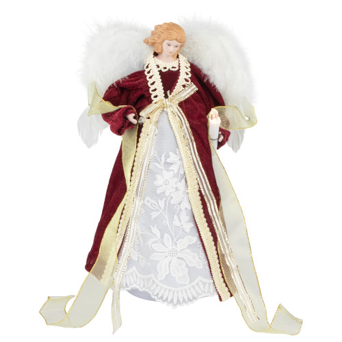 Angel with Lighted Candle Christmas Tree Topper - 14" - Burgundy and White