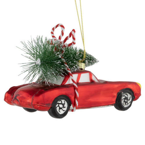 5" Red Vintage Car with Christmas Tree Glass Ornament