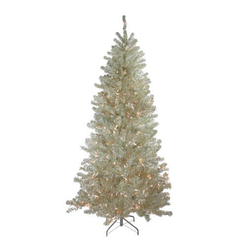 Metallic Platinum Artificial Tinsel Christmas Tree - 7 ft Clear Lights