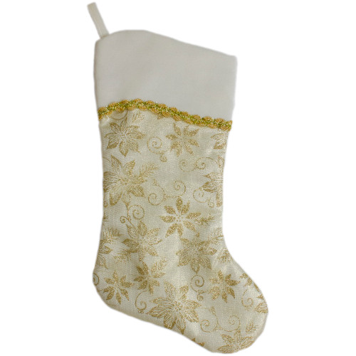 20.5-Inch Gold and White Glitter Poinsettia Christmas Stocking With a Velvet Cuff