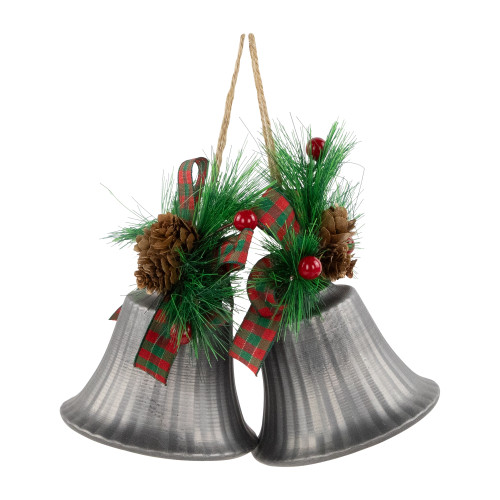 Bells with Pine Sprigs and Plaid Bow Christmas Ornaments - 7" - Silver - Set of 2