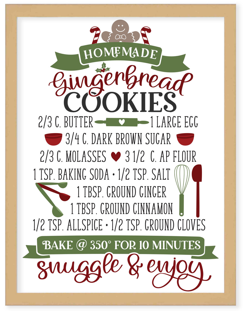 Gingerbread Cookie Recipe 13.5" x 17.5" Framed Christmas Wall Decor Art Print Sign Poster in a Natural Wooden Frame with UV Acrylic and Hangers