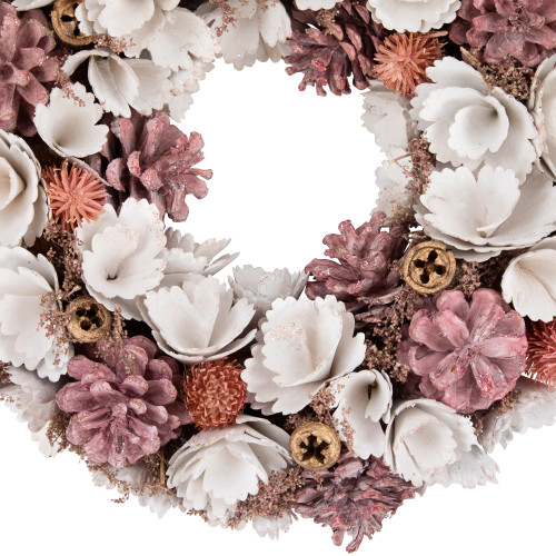 13" White and Pink Wooden Floral Christmas Wreath with Pinecones