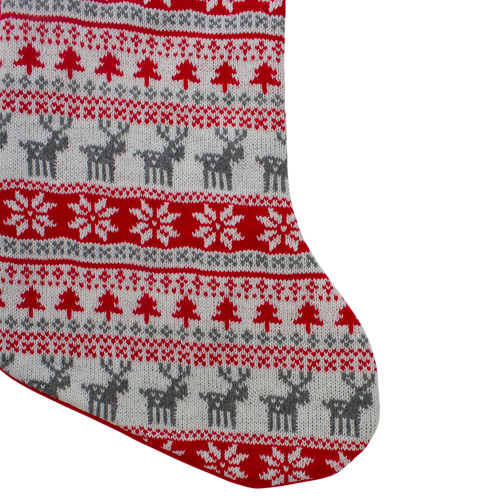 19" Red and White Deer and Snowflake Knit Christmas Stocking with Faux Fur Cuff
