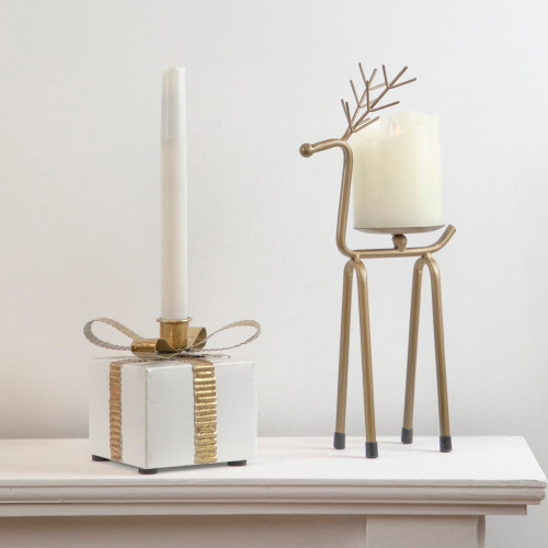 4.5" White Metal Gift Box Christmas Taper Candle Holder