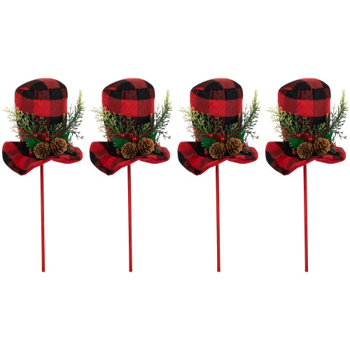 Set of 4 Red and Black Plaid Plush Winter Hat Christmas Picks 15"