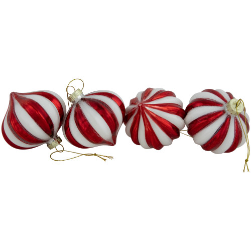 4ct Red and White Glittered Candy Cane Onion Glass Christmas Ornaments 3"