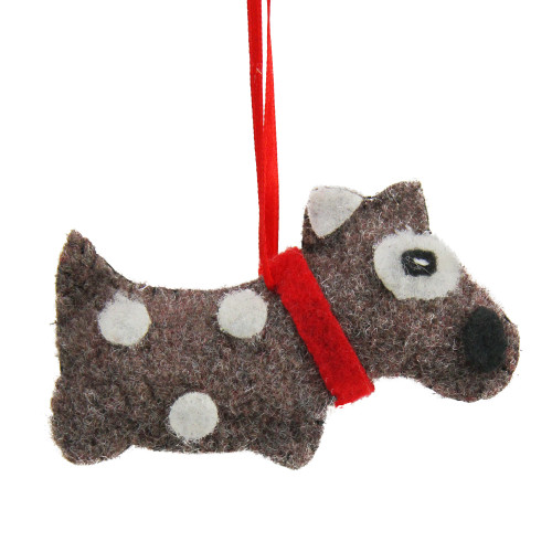 3.75" Brown and White Polka Dot Plush Dog Hanging Christmas Ornament