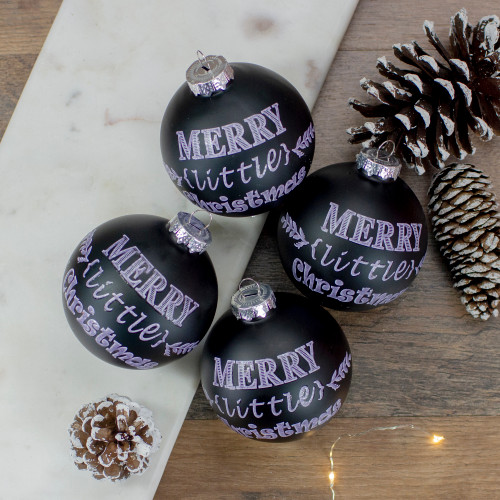 4ct Matte Black Merry Little Christmas Glass Ball Ornaments 2.5-Inch (65mm)