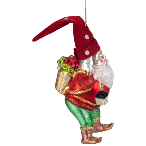 6" Gold and Red Gnome with Lantern and Flower Basket Glass Christmas Ornament